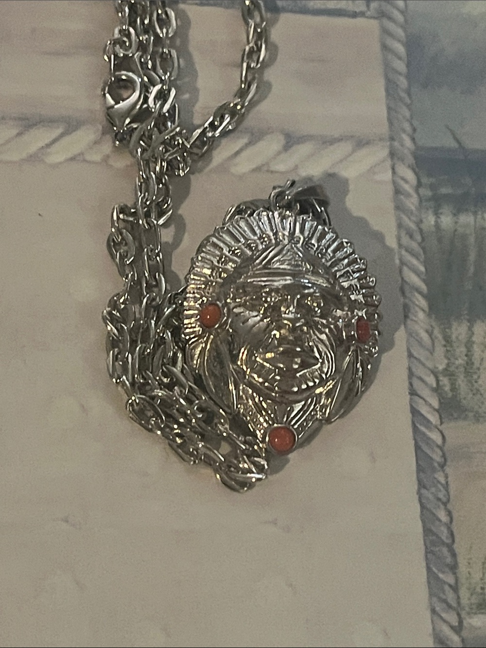 Silver Native Chief Pendant Necklace with Coral Stones